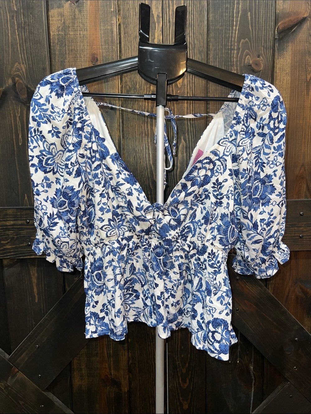 NWT Francesca's‎ Mi Ami Tie Front Boho Top S Blue White Babydoll Ruffle Puff